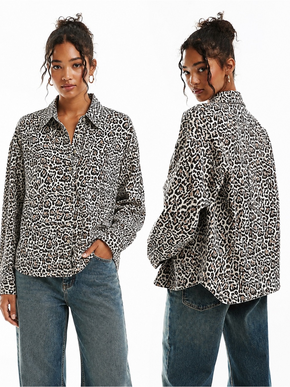 Aaron & Amber Leopard Print Button-Up Shirt — Size L